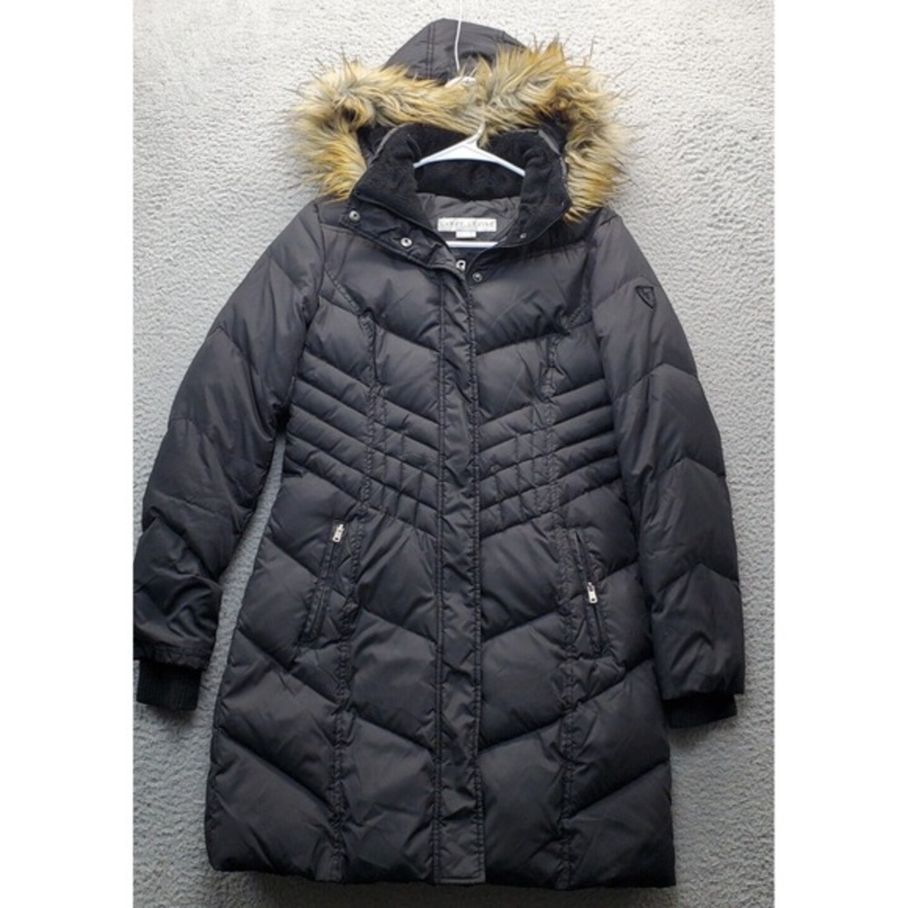 Larry Levine Down Puffer Coat Women XS Black Faux Fur Hood Snap Front Inside Zip